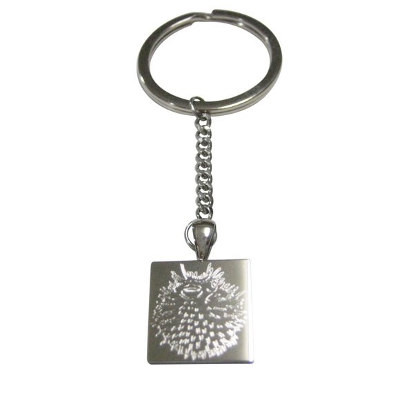 Silver Toned Square Etched Spikey Puffer Fish Fugu Blowfish Pendant Keychain - Picture 1 of 2
